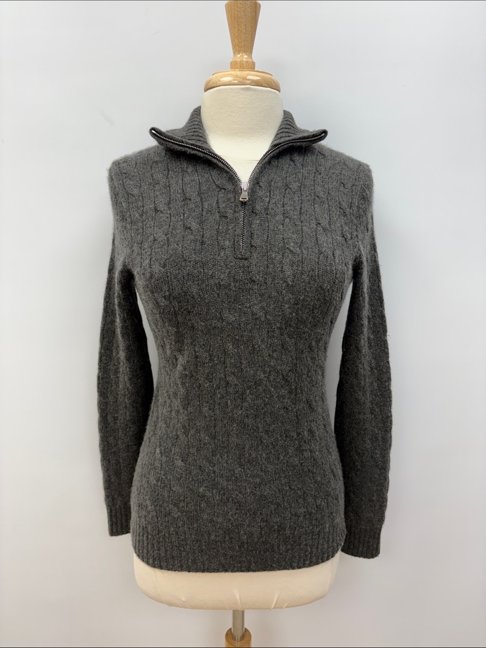 Ralph Lauren Black Label 100% Cashmere Cable Knit 1/4 Zip Sweater Grey Medium